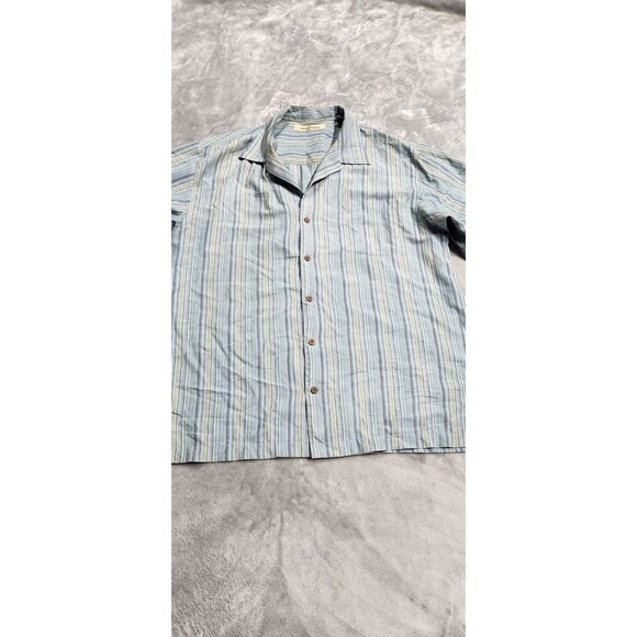 Tommy Bahama Men's L 100% Silk Blue Striped Short Sleeve Button Shirt - Picture 1 of 8